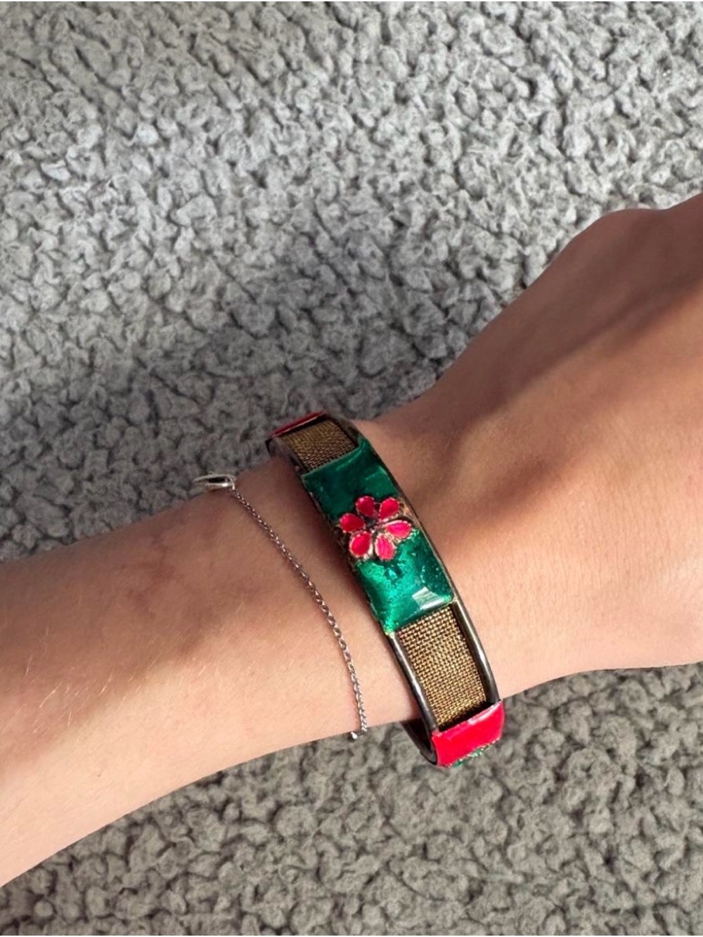 Green Enamel Flower Accent Women's Bracelet
